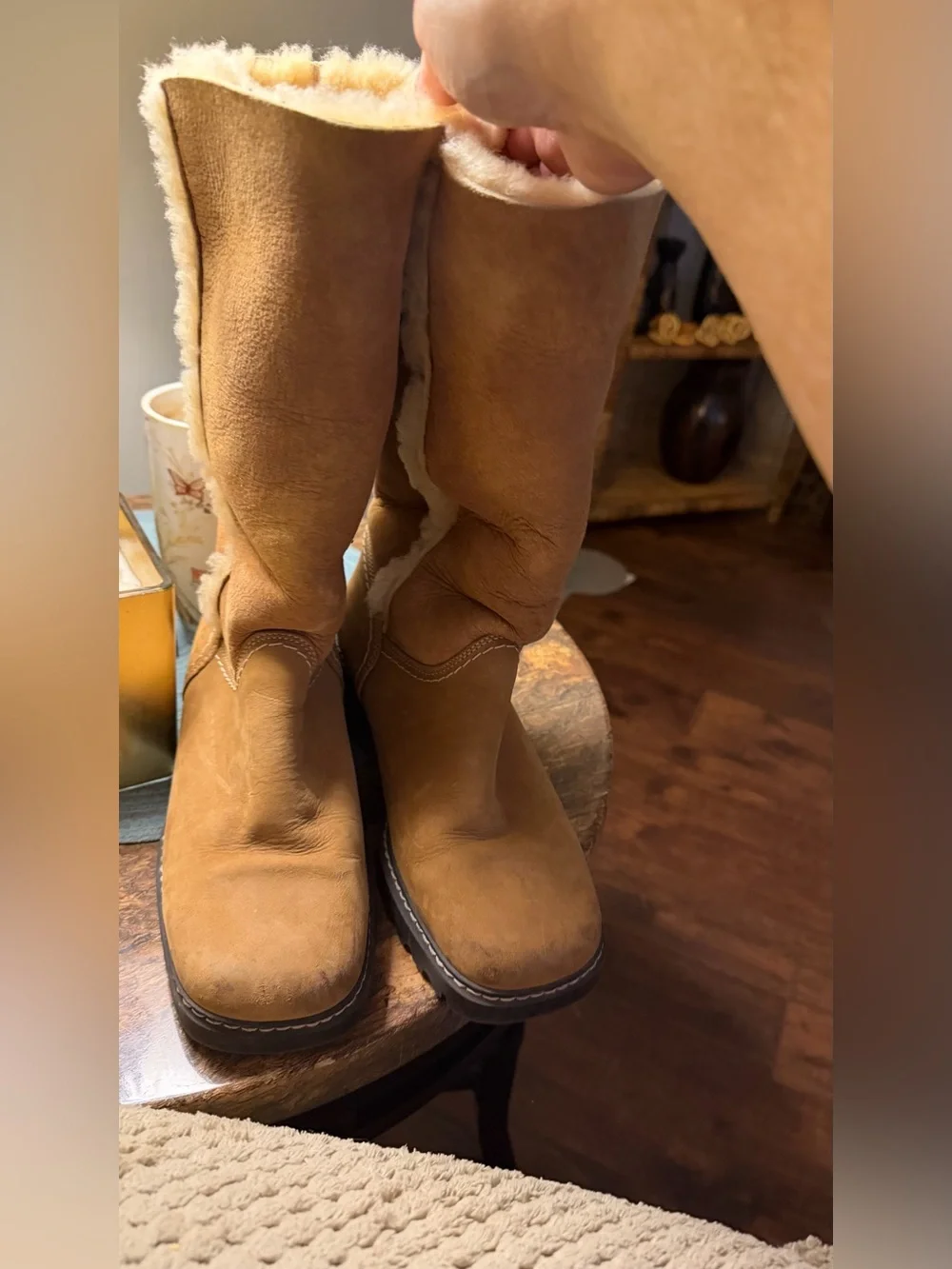 La CANADIENNE Tan Suede Shearling-Trim Mid-Calf Boots